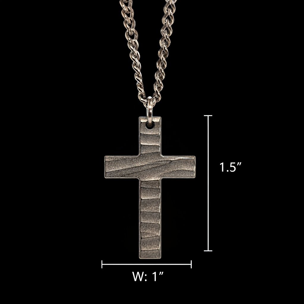 Silver cross pendant necklace with measurements on a black background